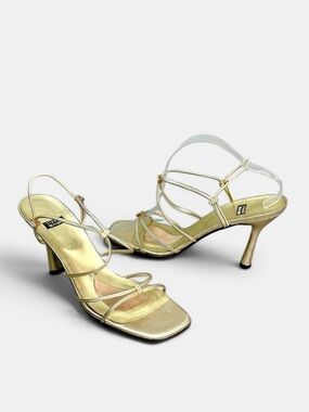 Stuart Weitzman Gold Strappy Heeled Sandals with Rhinestone Details US 9